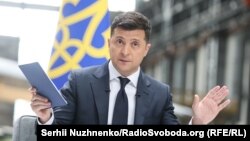 Ukrainian President Volodymyr Zelenskiy speaking at a press conference on May 20.