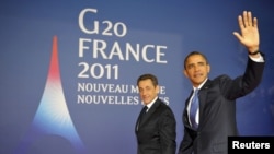 French President Nicolas Sarkozy (left) and his U.S. counterpart Barack Obama arrive in Cannes for a bilateral meeting before the start of the G20 Summit of major world economies.