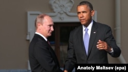 Russian President Vladimir Putin (left) and U.S. President Barack Obama exchange words prior to the first session of a G20 summit in St. Petersburg in September 2013.