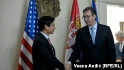 U.S. Deputy Assistant Secretary of State Hoyt Brian Yee (left) meets Serbian Prime Minister Aleksandar Vucic in Belgrade