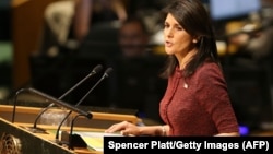 Nikki Haley, U.S. Ambassador to the United Nations, speaks on the floor of the General Assembly in New York last month.