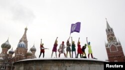 Members of Pussy Riot perform on Red Square in Moscow on January 20.