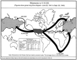 A map of lend-lease shipments from the United States to the U.S.S.R. from 1941-45.