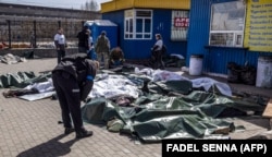 The bodies of those killed after a missile strike by Russian troops on the railway station in Kramatorsk, Ukraine, on April 8, 2022