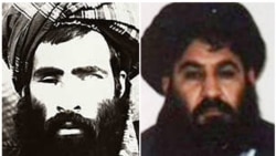 A combination image of what are believed to be photographs of Mullah Mohammad Omar (left) and Mullah Akhtar Mohammad Mansur