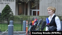 Bout's wife, Alla, speaks to the media outside Manhattan Federal Court in New York on April 5.