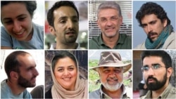 The jailed activists: (clockwise from top left): Niloufar Bayani, Abdolreza Kouhpayeh, Houman Jokar, Amirhossein Khaleghi Hamidi, Taher Ghadirian, Morad Tahbaz, Sepideh Kashan Doust, and Sam Rajabi