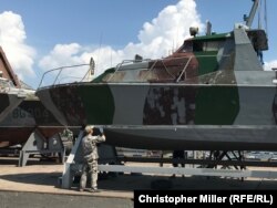 A Ukrainian Sea Guard patrol boat in dry dock in Mariupol