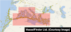 Snapshot map of cargo- and tanker-ship traffic in Mediterranean Sea on August 20 (courtesy of VesselFinder)