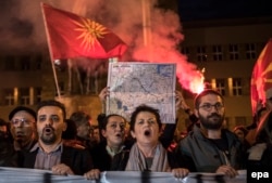 Macedonian nationalists protest against a political agreement that would ensure wider use of the Albanian language in the ethnically divided state, in Skopje in February 2017.