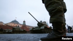 T-34 tanks are seen during a parade rehearsal in Red Square in Moscow in November 2012.