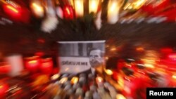 A picture of Vaclav Havel at a Wenceslas Square tribute in central Prague on December 18.