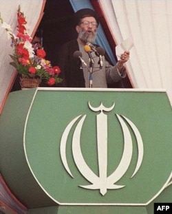 Iran's Ayatollah Ali Khamenei speaks during the 10th anniversary celebrations of Iran's Islamic Revolution on February 11, 1989.