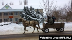 A horse-drawn coach travels past a polling station in the town of Comrat, in the Moldovan autonomous region of Gagauzia on February 2.