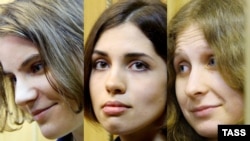 A combo photo of defendants Ekaterina Samusevich, Nadezhda Tolokonnikova, and Maria Alyokhina (left to right)