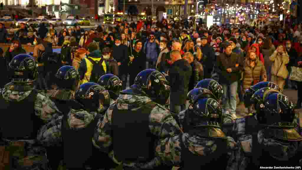 Riot police block traffic during the demonstration in Moscow. Police said some 6,000 people attended the protest in the capital, but organizers said the number was much higher.