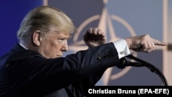 U.S. President Donald Trump speaks at a press conference at the NATO summit in Brussels on July 12.