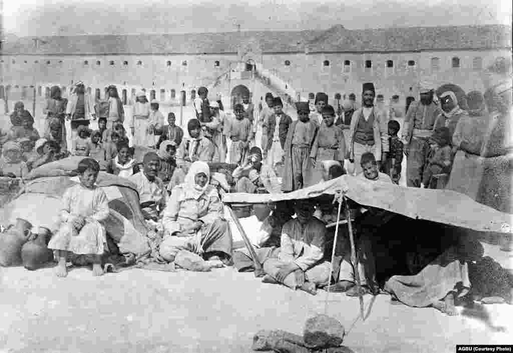 The courtyard of Aleppo&#39;s Ottoman barracks, converted into a reception center for Armenians fleeing the mass killings that took place in Armenia during WWI (probably late 1918)