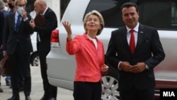 European Commission President Ursula von der Leyen meets with the prime minister of North Macedonia in Skopje on September 28. 