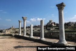 The ruins of an ancient basilica in the Greek colony of Tauric Chersonesos, which was founded approximately 2,500 years ago.