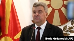 Macedonian President Gjorge Ivanov addresses the media in the presidential office in Skopje on June 13.