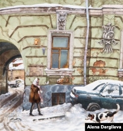 A woman wraps up as she leaves the courtyard of a house on Sverchkov Lane.