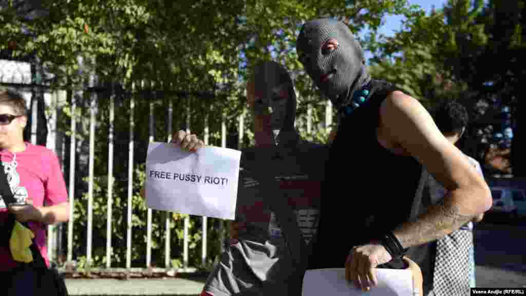 Serbian supporters rally for Pussy Riot in Belgrade on August 17.