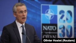 NATO Secretary-General Jens Stoltenberg gives a news conference ahead to a NATO defense ministers meeting.