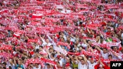 Polish football fans cheer their team in the Warsaw fanzone during Poland's game with Greece on June 8.