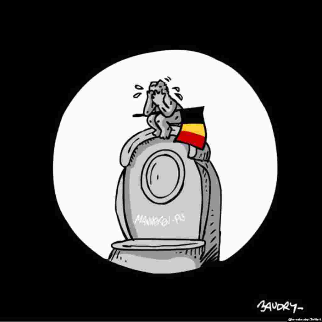 A cartoon showing a grieving Manneken Pis (Social-media generated content, via @hervebaudry)