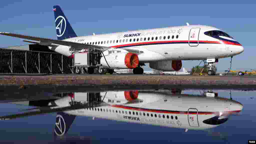 The Sukhoi Superjet 100 passenger plane at Jakarta-Halim Perdana Kusuma Airport in a May 9 photo.