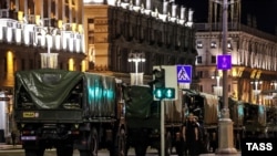 Vehicles with riot police officers during a protest against the results of the 2020 Belarusian presidential election. 