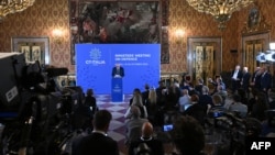 Italian Defense Minister Guido Crosetto addresses the media at the G7 summit in Naples on October 19.