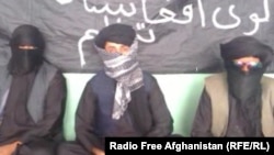 A screen grab from the video sent to RFE/RL's Radio Free Afghanistan shows unidentified Afghans claiming to represent a group called the Islamic Organization of Great Afghanistan, which they say is ready to fight for the Islamic State militant group.