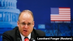 U.S. special envoy for arms control Marshall Billingslea speaks to reporters after a meeting with Russian Deputy Foreign Minister Sergei Ryabkov in Vienna on June 23. 