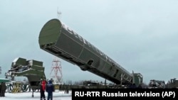 A Russian Sarmat intercontinental missile is shown at an undisclosed location in March 2018.