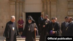 Catholicos Garegin II and other Armenian clerics outside an Armenian church in Baku