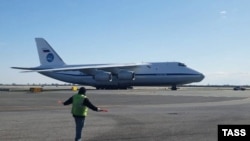 A Russian cargo plane carrying medical equipment lands at John F. Kennedy International Airport on April 1. 