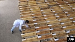 A forensic specialist examines the remains of victims excavated near Lviv before their reburial.