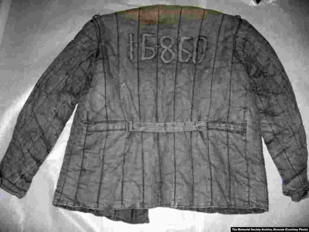 A Gulag prisoner&#39;s padded jacket, with identification numbers visible on the back