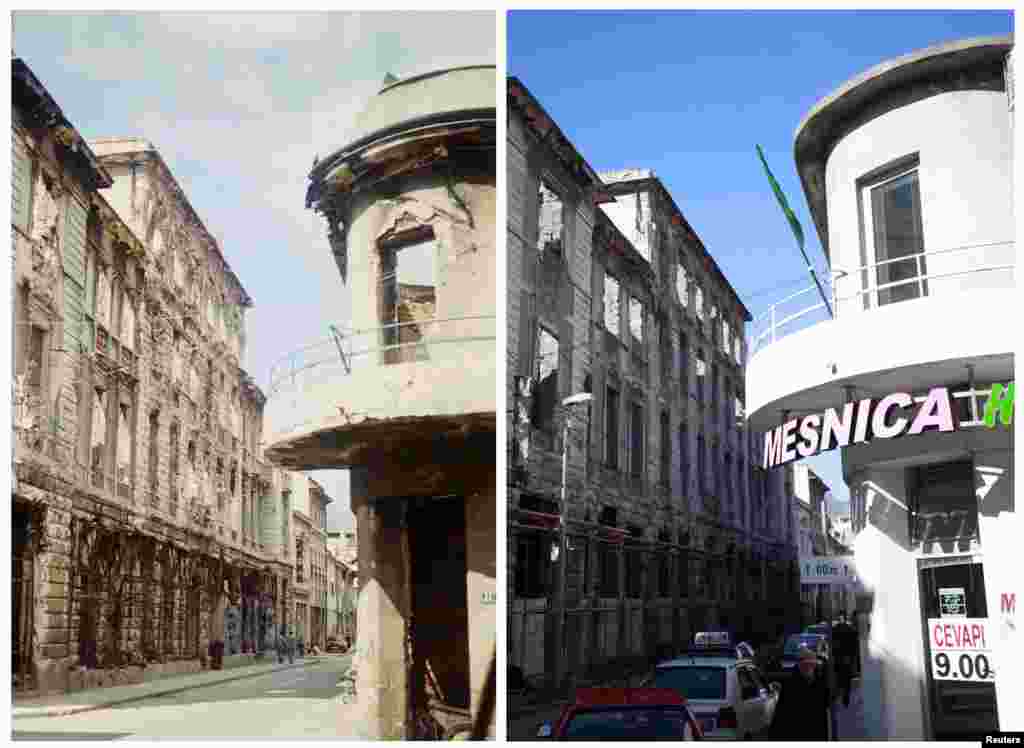 Marshall Tito Street in Mostar in 1993 and in 2013