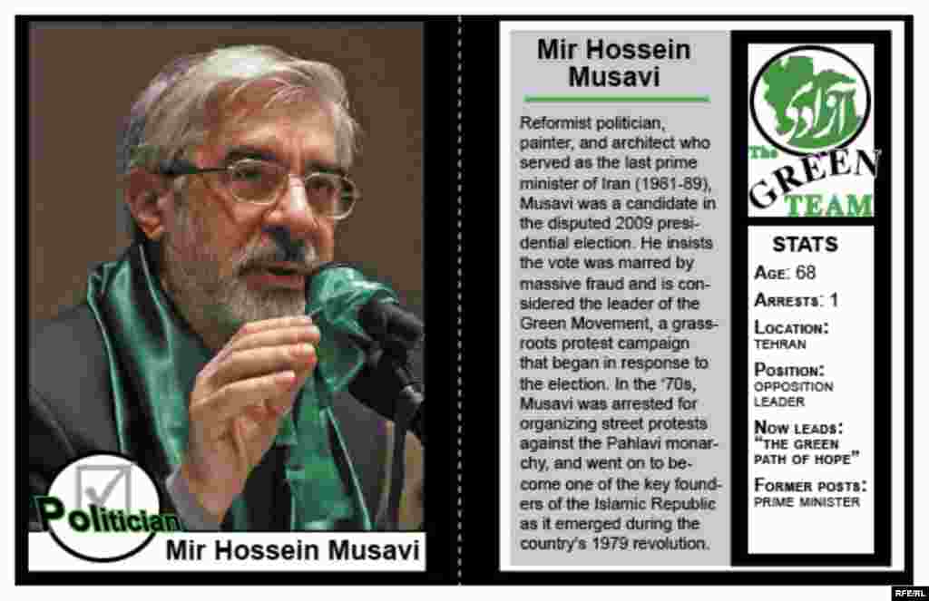 An RFE/RL primer, in the form of mock trading cards, on some key figures within the Green Movement that emerged after Iran's disputed 2009 election. Graphics and text by Kristin Deasy