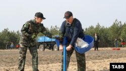 Belarusian President Alyaksandr Lukashenka (right) helps plant trees in Pripyatsky National Park as part of the day of civic labor.