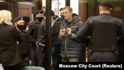 Russian opposition leader Aleksei Navalny appears for his court hearing in Moscow on February 2.