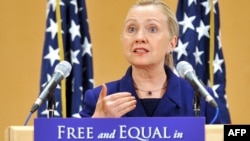 U.S. Secretary of State Hillary Clinton addresses the assembly during a speech entitled "Free and Equal in Dignity and Rights" at the United Nations in Geneva on December 6.