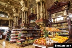 Groceries on display in one of the ornate halls of Yeliseyevsky in 2019.