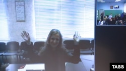 Jailed Pussy Riot punk rock group member Maria Alyokhina appears on a monitor during a video conference from the penal colony for a parole hearing on May 22, when she announced the launch of her hunger strike.