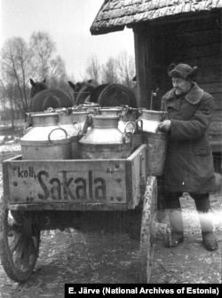 A worker from the Sakala collective farm delivers pails of milk in Viljandi County in 1950.