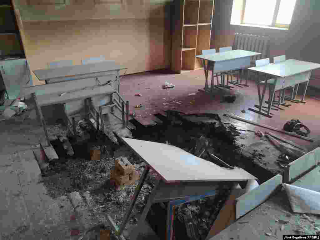 A fire-damaged school in the village of Maksat in the Leilek district of Kyrgyzstan. In addition to the destruction of homes, Kyrgyz officials said two schools, one medical clinic, two border checkpoints, a kindergarten, 10 gasoline stations, a police building, and eight shops were destroyed in Kyrgyzstan&#39;s southwestern region of Batken.