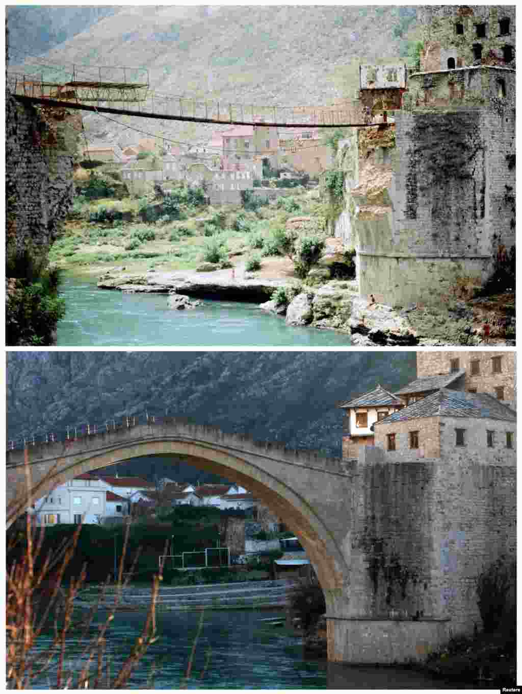 The makeshift bridge that replaced the destroyed Old Bridge, and the rebuilt structure in 2013.